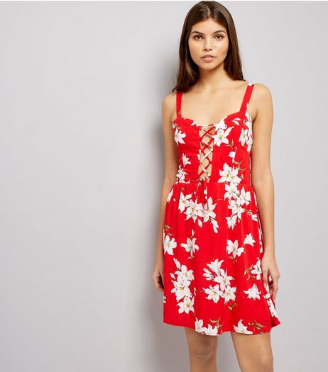 Parisian Red Floral Print Lattice Front Dress | New Look