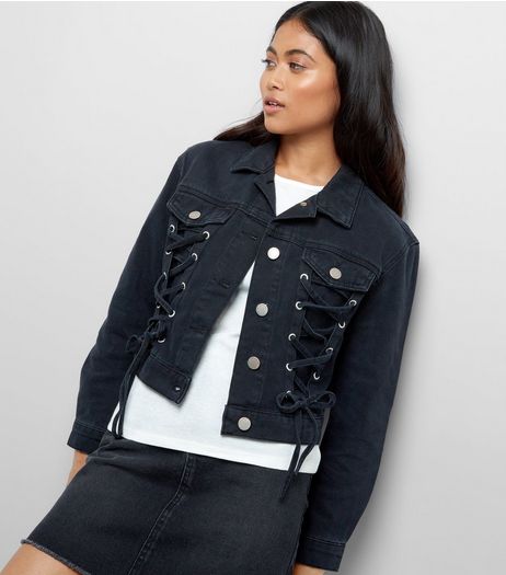 Petite Black Lace Up Front Denim Jacket | New Look