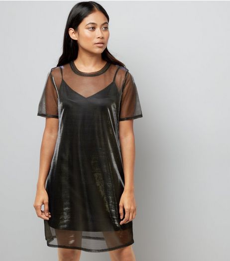 Petite Black Metallic Mesh Tunic Dress | New Look
