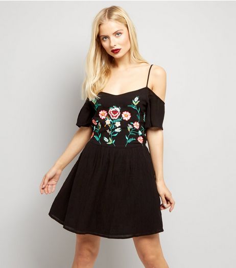 Anita and Green Black Floral Embroidered Cold Shoulder Dress | New Look