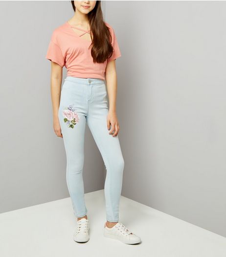 Teens Light Blue Floral Print High Waist Skinny Jeans | New Look