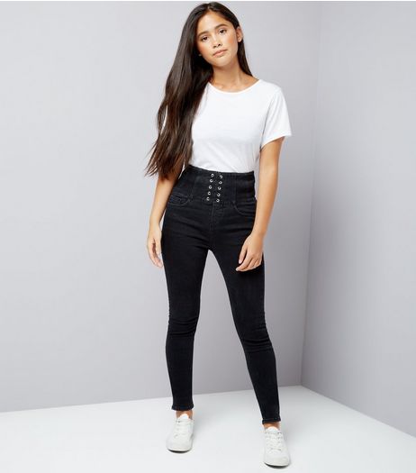 Teens Black Corset High Waist Skinny Jeans | New Look