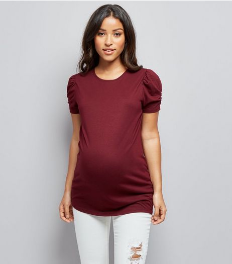 Maternity Burgundy Ruched Sleeve T-Shirt | New Look