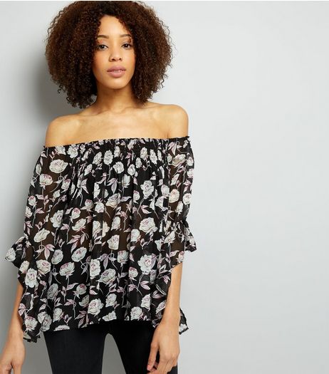 Blue Vanilla Black Floral Print Bardot Neck Top | New Look