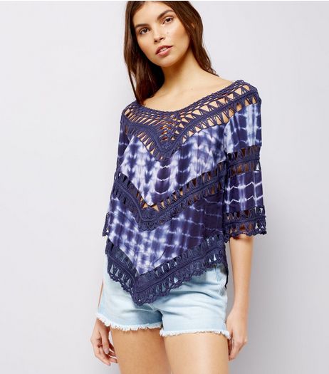 Blue Vanilla Navy Tie Dye Crochet Trim Top | New Look
