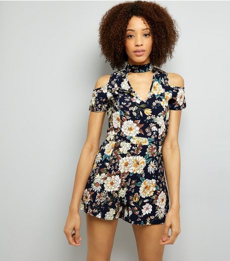 Blue Vanilla Navy Floral Print Choker Neck Playsuit | New Look