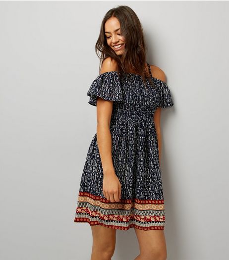 Blue Vanilla Navy Abstract Print Shirred Dress | New Look