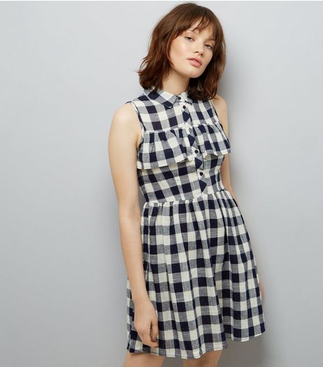 Blue Vanilla Navy Gingham Check Frill Trim Dress | New Look