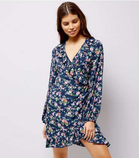 Blue Vanilla Navy Floral Print Wrap Front Dress | New Look