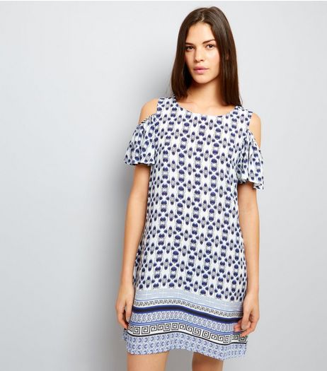 Blue Vanilla White Tile Print Cold Shoulder Shift Dress | New Look