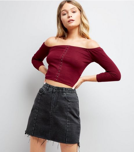 Burgundy Hook and Eye Bardot Neck Top | New Look