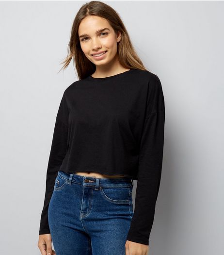 Black Raw Hem Long Sleeve Crop Top | New Look