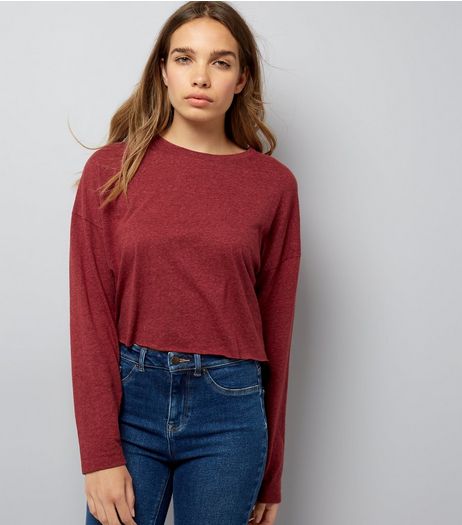 Burgundy Raw Hem Long Sleeve Crop Top | New Look