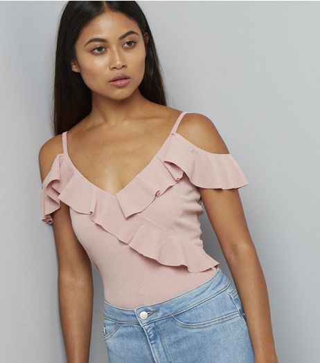 Petite Pink Frill Trim Cold Shoulder Bodysuit | New Look