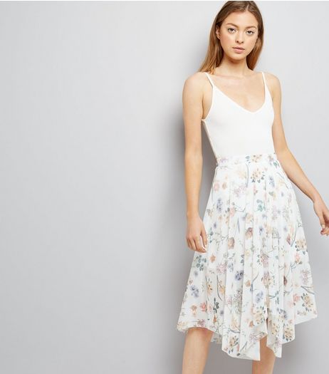 White Floral Print Mesh Hanky Hem Skirt | New Look
