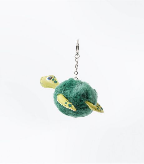 Green Faux Fur Turtle Pom Pom Keyring | New Look