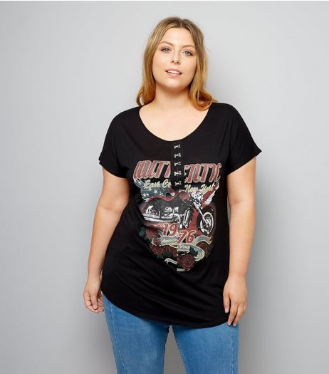 Curves Black Spliced Print Hook and Eye Front T-Shirt | New Look