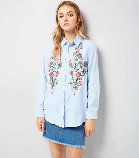 Cameo Rose Blue Stripe Floral Embroidered Shirt | New Look