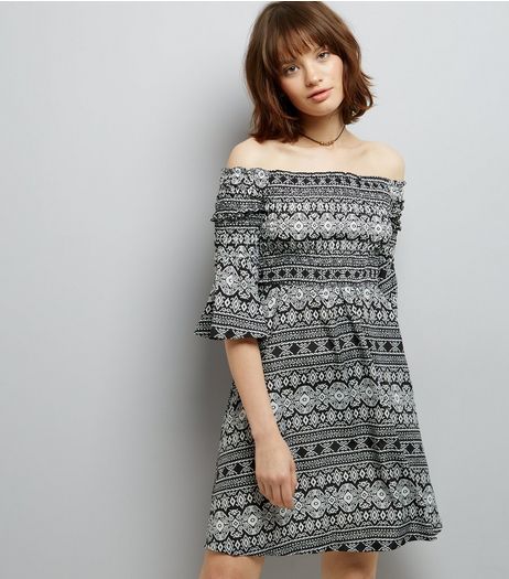 Cameo Rose Black Abstract Print Smock Bardot Dress | New Look