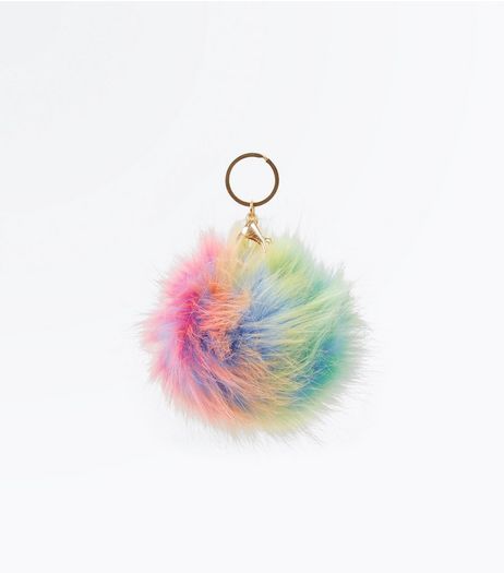 Rainbow Faux Fur Pom Pom Keyring | New Look