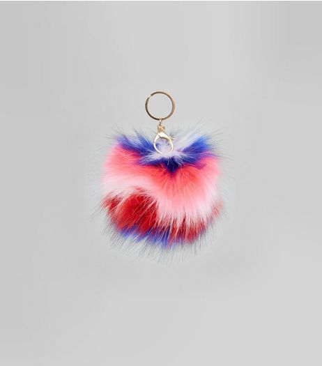 Multicoloured Stripe Faux Fur Pom Pom | New Look