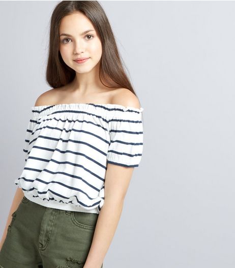 Teens White Stripe Bardot Neck Top | New Look