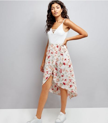 Cream Floral Print Wrap Front Midi Skirt | New Look
