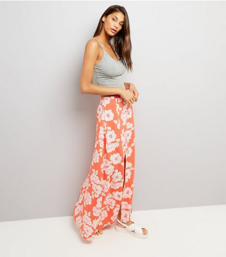 Red Floral Print Button Front Maxi Skirt | New Look