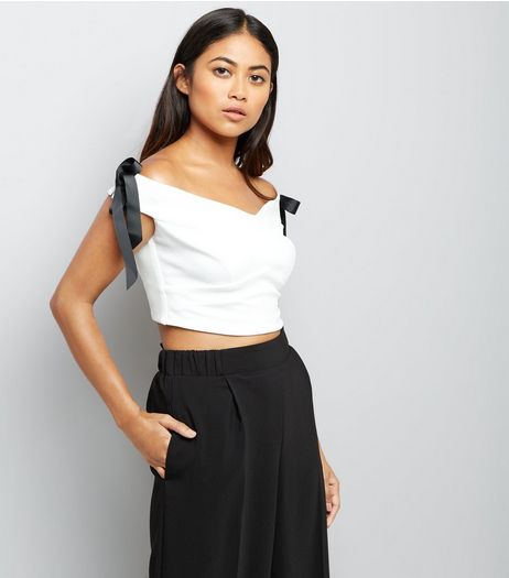 Petite Cream Eyelet Tie Side Bardot Neck Top | New Look