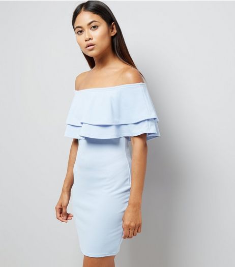 Petite Pale Blue Brill Trim Bardot Bodycon Dress | New Look