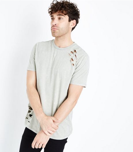 Khaki Acid Wash Ripped T-Shirt | New Look