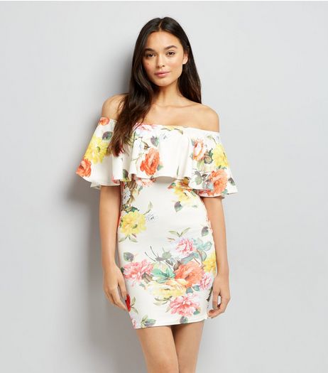 White Floral Print Bardot Bodycon Dress | New Look
