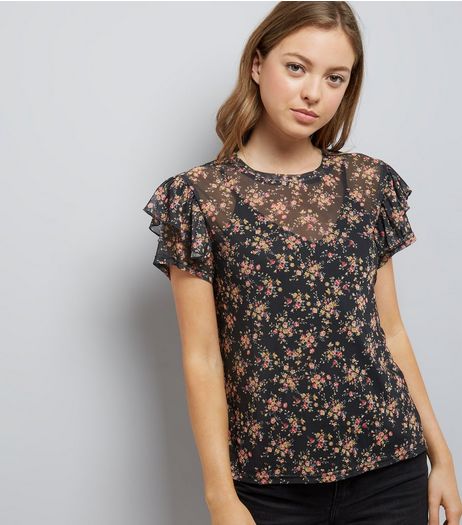 Black Floral Print Frill Trim Mesh Top | New Look