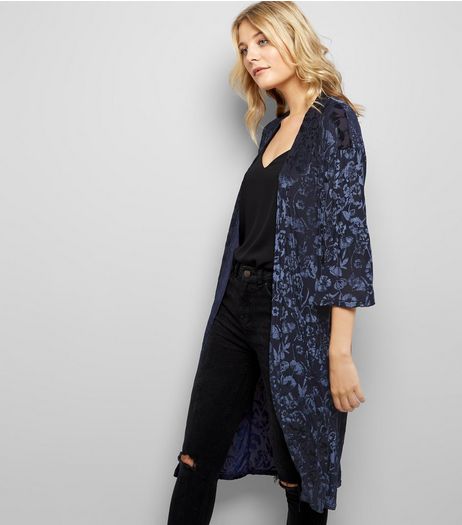 Navy Floral Burnout Velvet Kimono | New Look