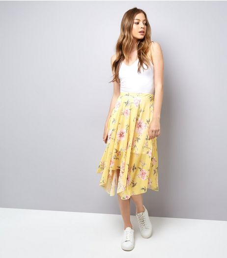 Yellow Floral Print Hanky Hem Skirt | New Look