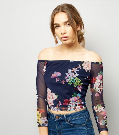 Innocence Navy Floral Print Mesh Bardot Top | New Look