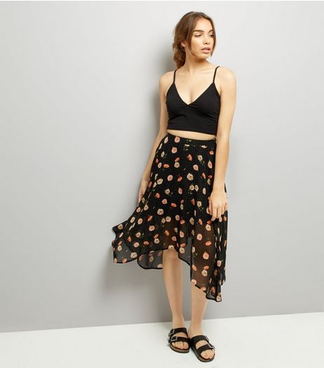 Black Floral Print Hanky Hem Midi Skirt | New Look