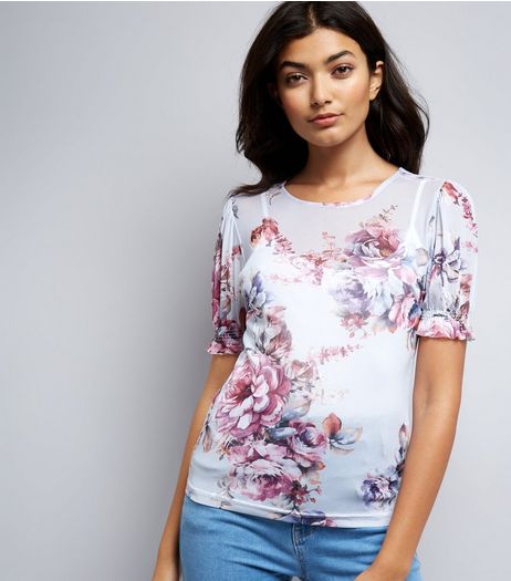 Cream Floral Print Mesh T-Shirt | New Look
