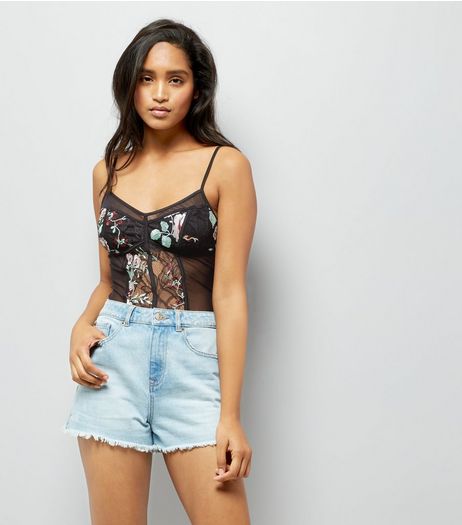 Black Embroidered Mesh Bodysuit | New Look