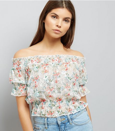 White Floral Print Lace Bardot Neck Top | New Look
