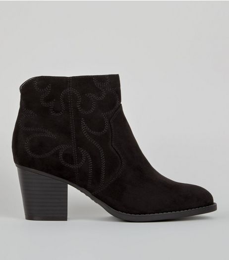 Wide Fit Black Suedette Stitch Detail Western Boots | New Look