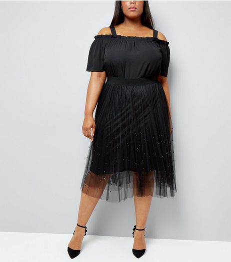 Curves Black Beaded Mesh Midi Skirt | New Look