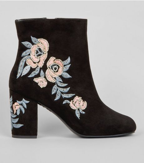 Wide Fit Black Floral Embellished Ankle Boots | New Look