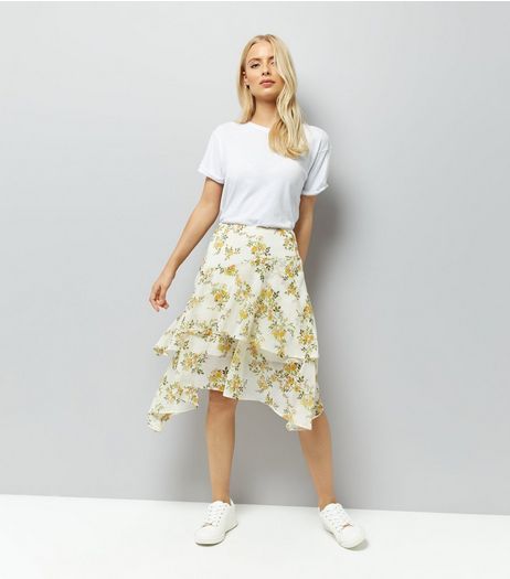 White Floral Print Asymmetric Hem Midi Skirt | New Look