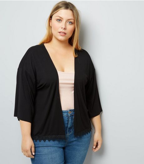 Curves Black Crochet Hem Kimono | New Look