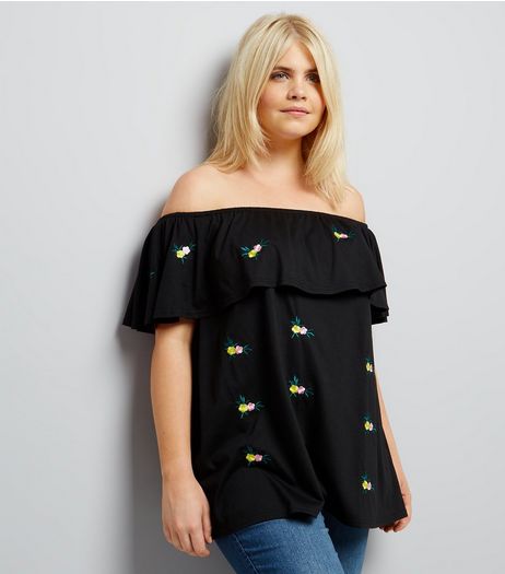 Curves Black Floral Embroidered Bardot Neck Top | New Look