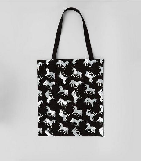 Black Metallic Unicorn Canvas Bag | New Look
