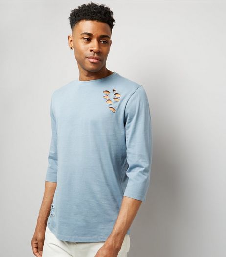 Pale Blue Ripped 3/4 Sleeve T-Shirt | New Look