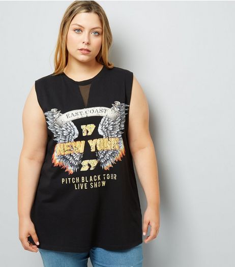 Curves Black Wing Print Mesh Panel Vest | New Look