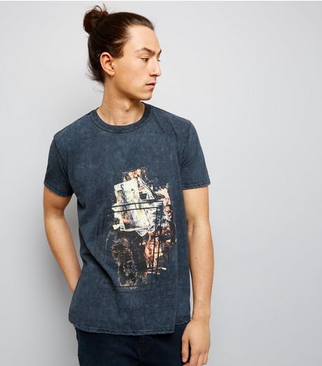Dark Grey Acid Wash Brush Stroke Print T-Shirt | New Look